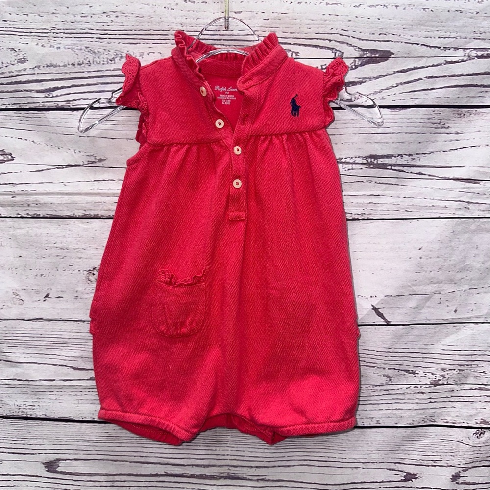 Ralph Lauren Girls Red/Pink Ruffle Onepiece Romper Size 9 Months